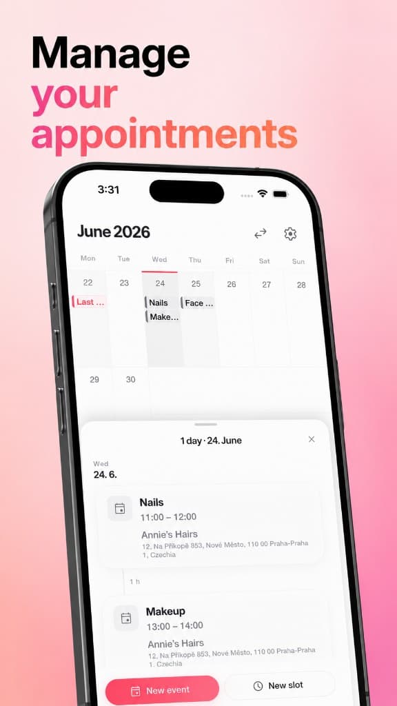 Picassa weekly calendar with appointments and open slots